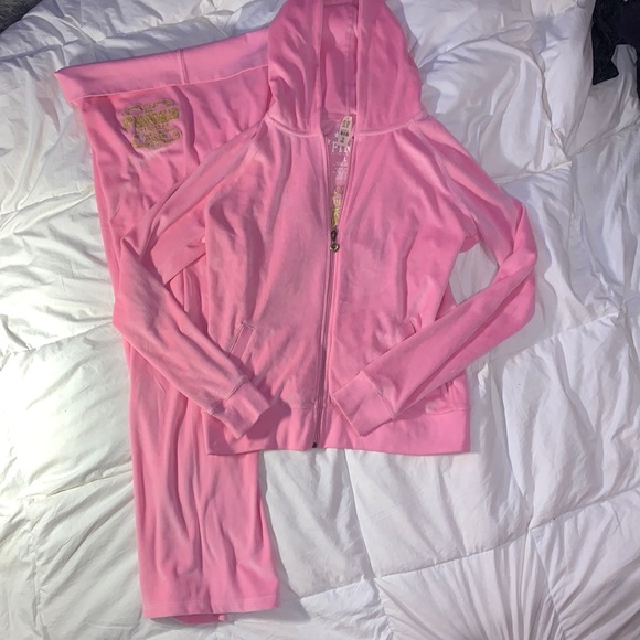NEW Y2K PINK VELOUR WIDE LEG PANT FULL ZIP HOODIE THE PINKS LOVE & ROCK N ROLL - Picture 8 of 16